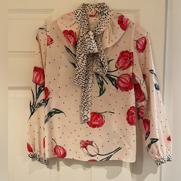 Warm / Botanical polka dot retro bow pink Floral Blouse High Neck Tie 0 XS - Picture 5 of 5